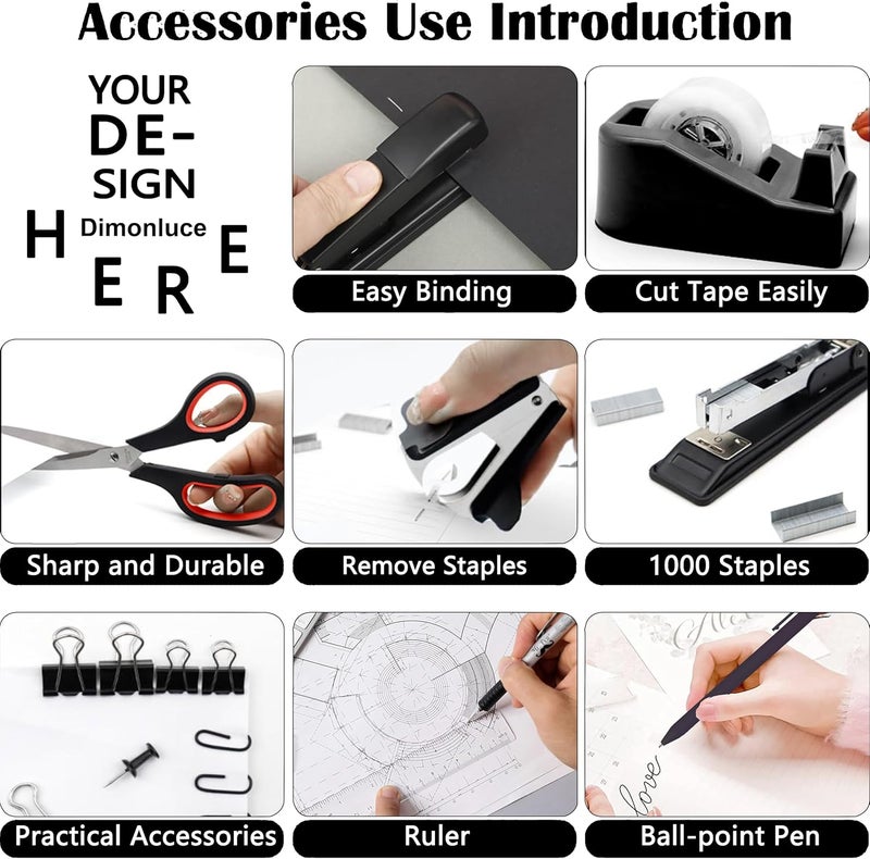Dimonluce Office Desk Accessories, Black Office Supplies Accessories with Tape Dispenser, Stapler, Staple Remover, 1000 Staples, Tape, Clips Set, Ruler, Scissor, Pen - Image 2
